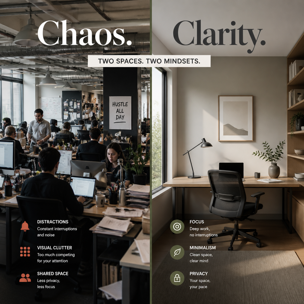 Side-by-side comparison of open-plan office chaos versus quiet focused workspace