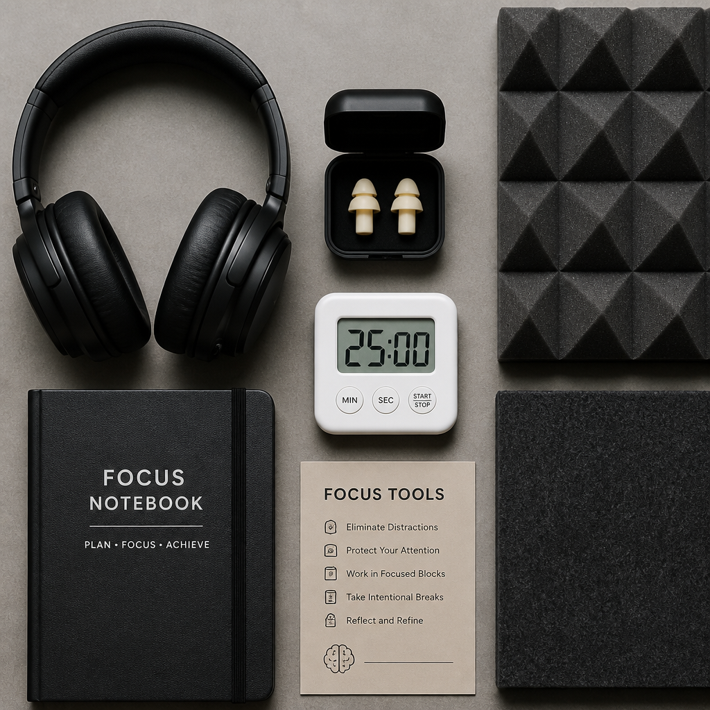 Flat lay arrangement of noise-reduction and productivity tools for workplace focus