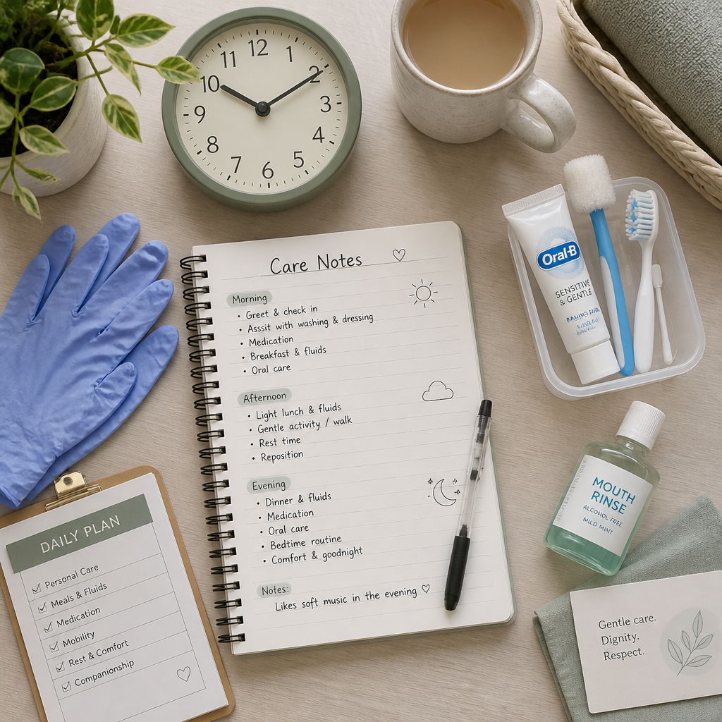 Care workspace with notes, supplies, and organizational tools for dementia patient routines