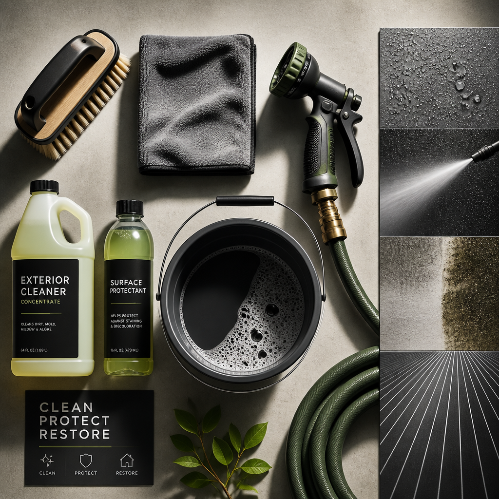 Flat-lay arrangement of exterior home cleaning tools and equipment