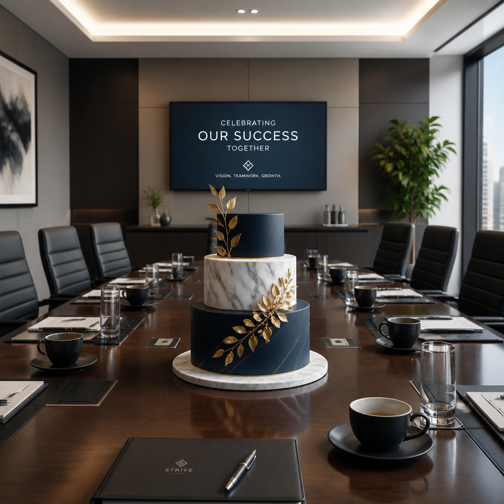 Corporate event cake displayed on a conference table with business meeting elements