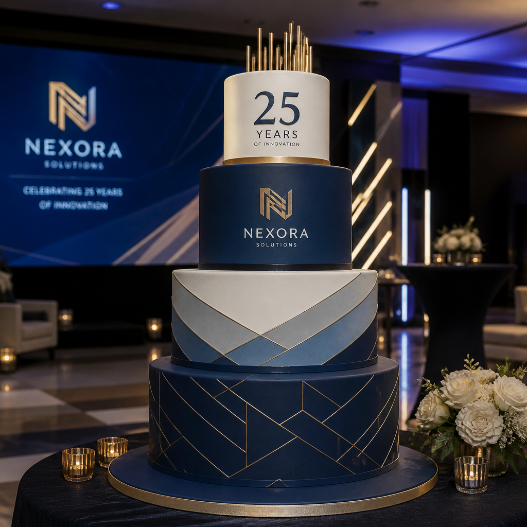 Multi-tiered corporate branded cake with professional design in event venue