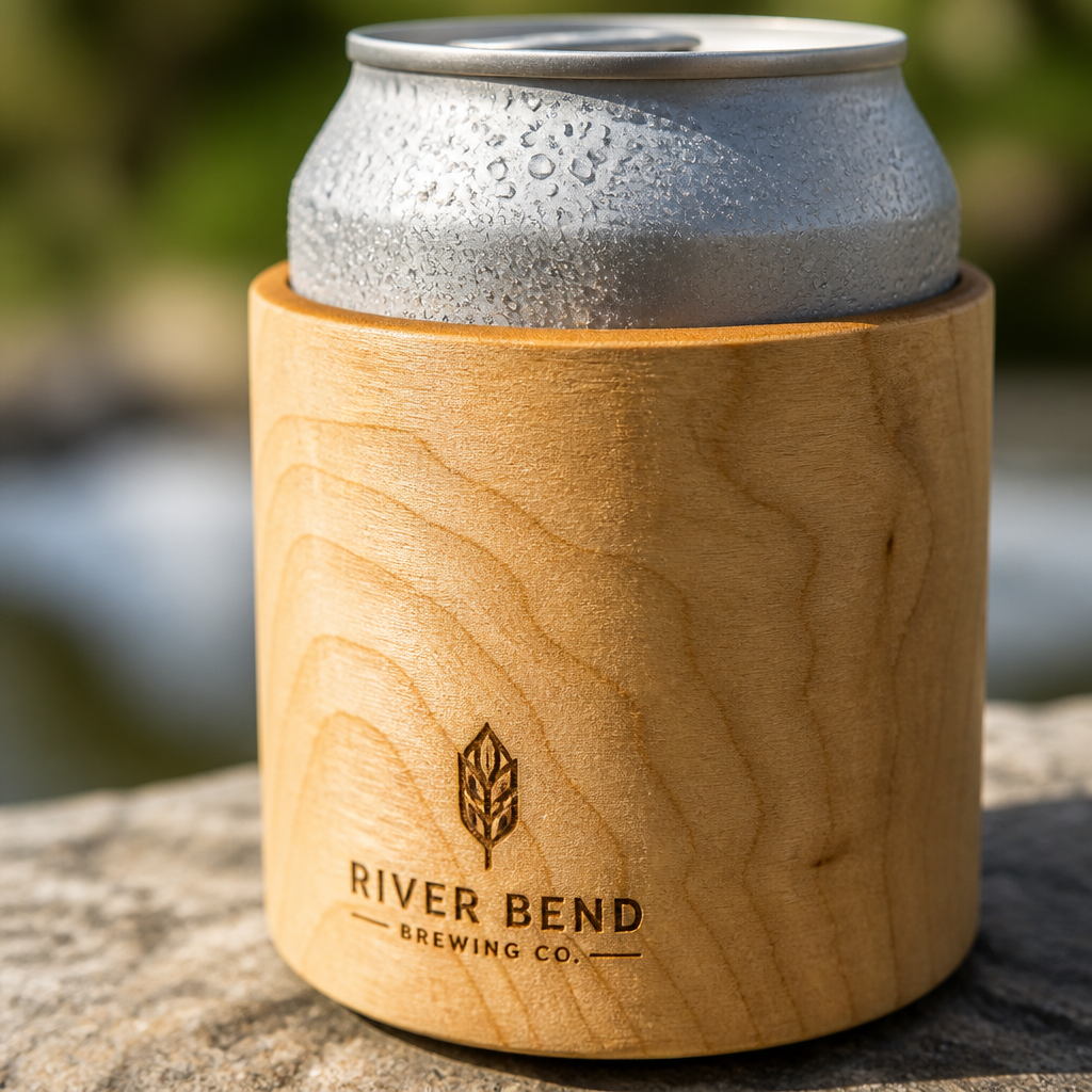 Wooden beer sleeve with natural maple grain texture on a cold beverage can