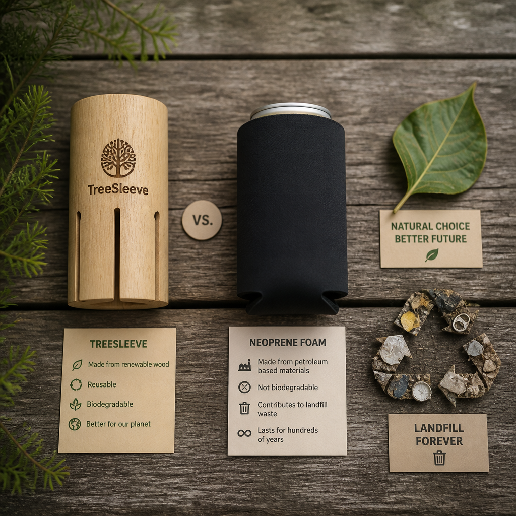 Wooden and foam insulators displayed with sustainable versus waste imagery