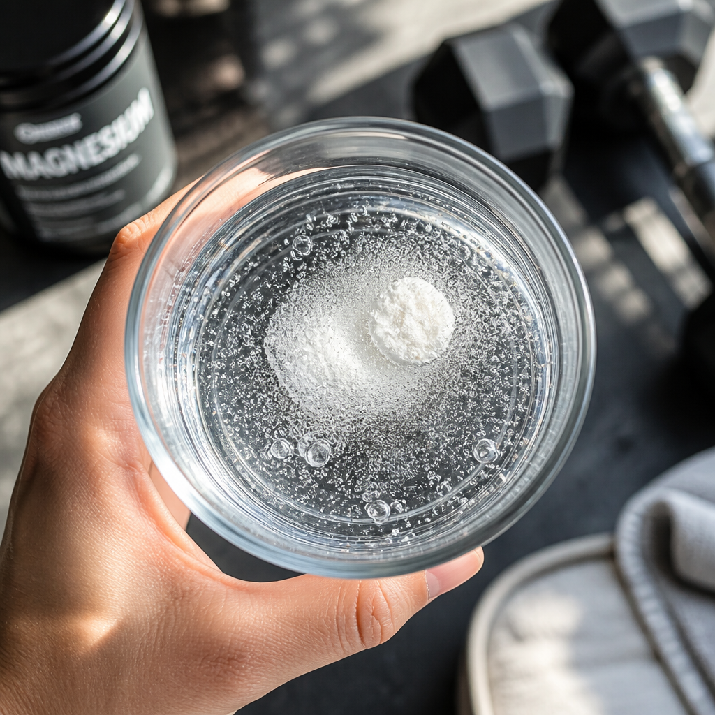 Magnesium supplement dissolving in water with gym setting in background