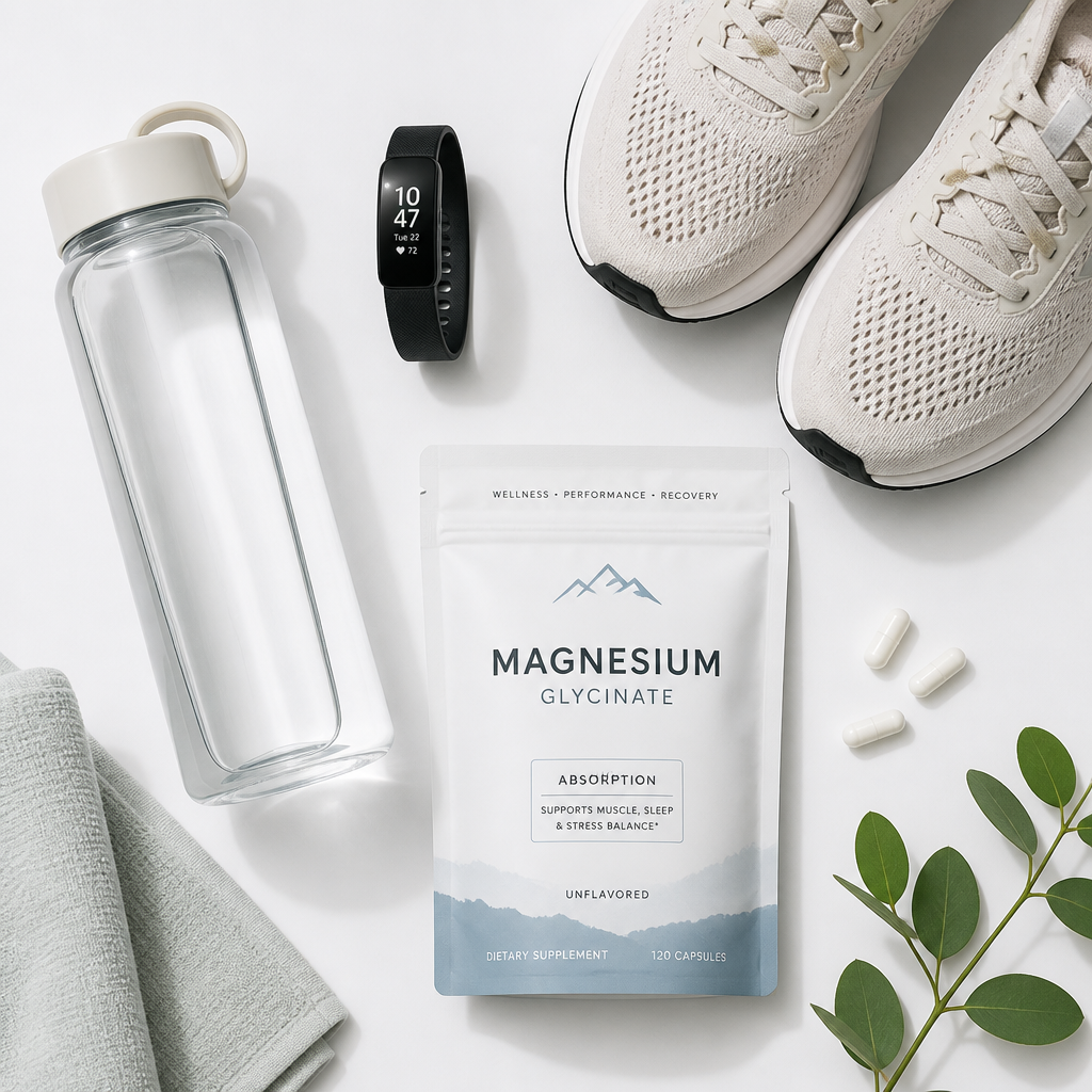Fitness essentials including magnesium supplements arranged on a white surface