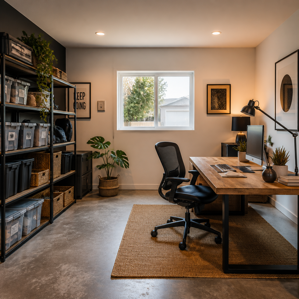Bright converted garage space used as a home office with desk and natural light