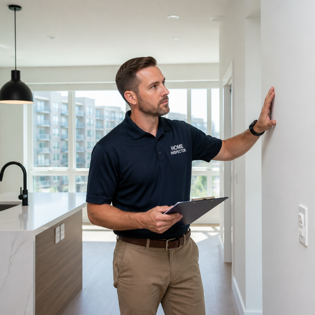 Home inspector documenting defects during a pre-settlement apartment inspection