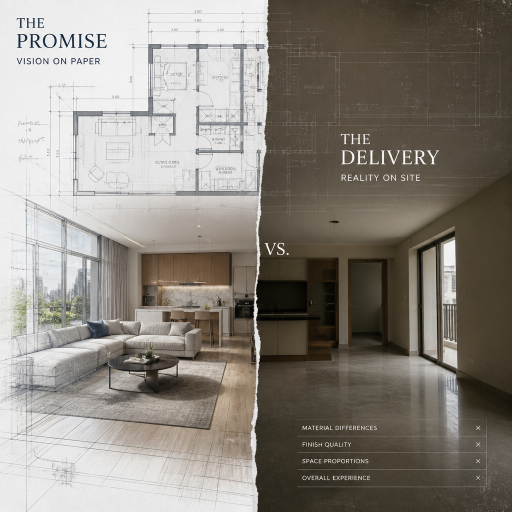 Conceptual representation of off-the-plan apartment renders versus final construction reality
