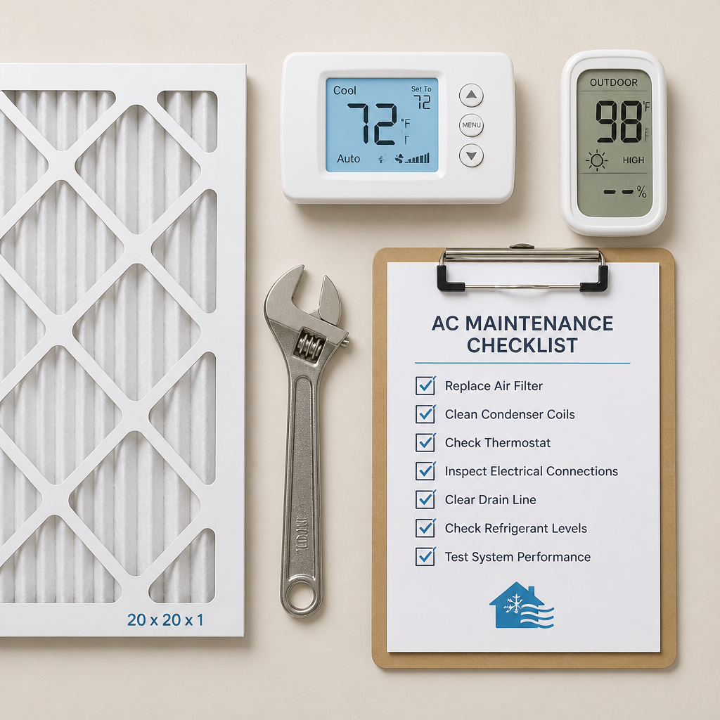 AC maintenance supplies and tools arranged for end-of-summer inspection checklist