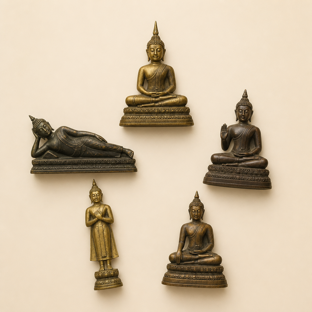 Cinco siluetas de estatuas de Buda tailandés dispuestas en círculo, cada una mostrando diferentes posturas y posiciones de las manos.