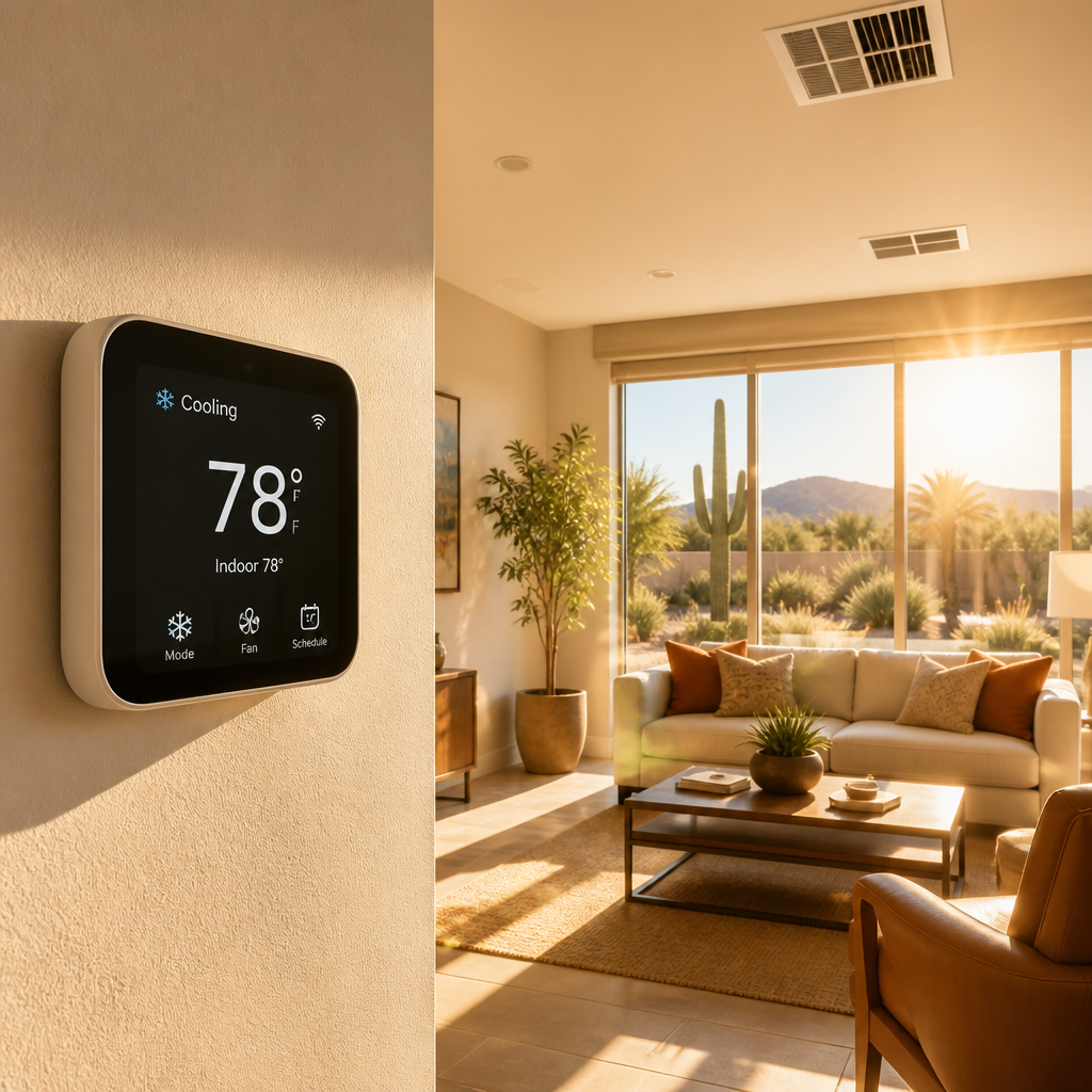 Digital thermostat mounted on home wall with bright summer sunlight from window