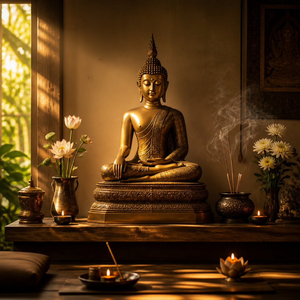 Una estatua de Buda tailandés en un altar de madera con velas y flores en una tranquila sala de meditación