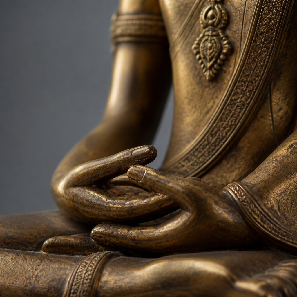 Detalle de primer plano de las manos de una estatua de Buda tailandés que muestra un gesto mudra específico