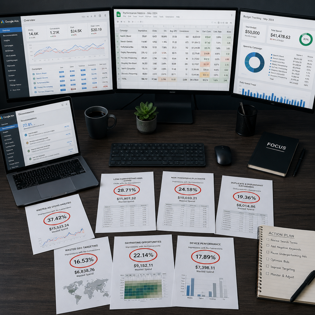 Computer monitors showing Google Ads analytics and budget waste data on a modern desk