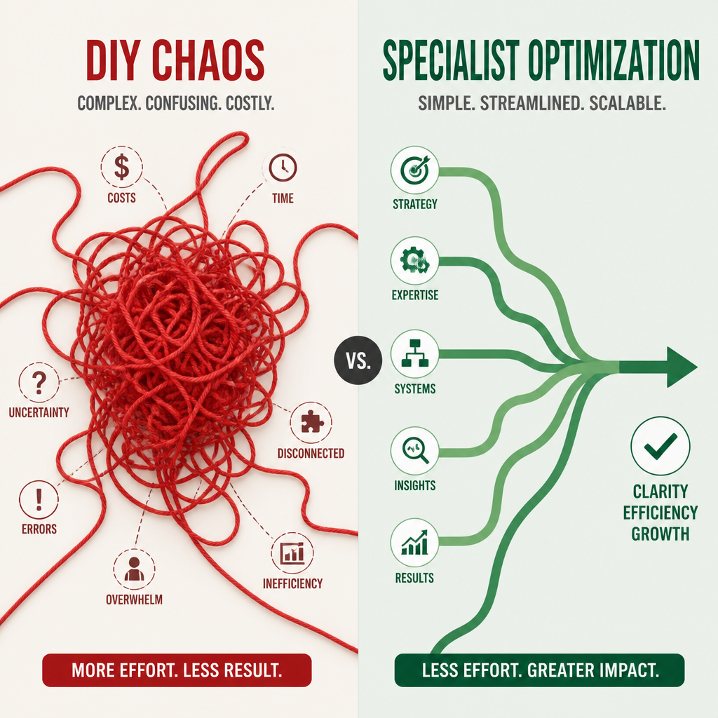 Abstract visual comparison of chaotic tangled threads versus organized flowing pathways