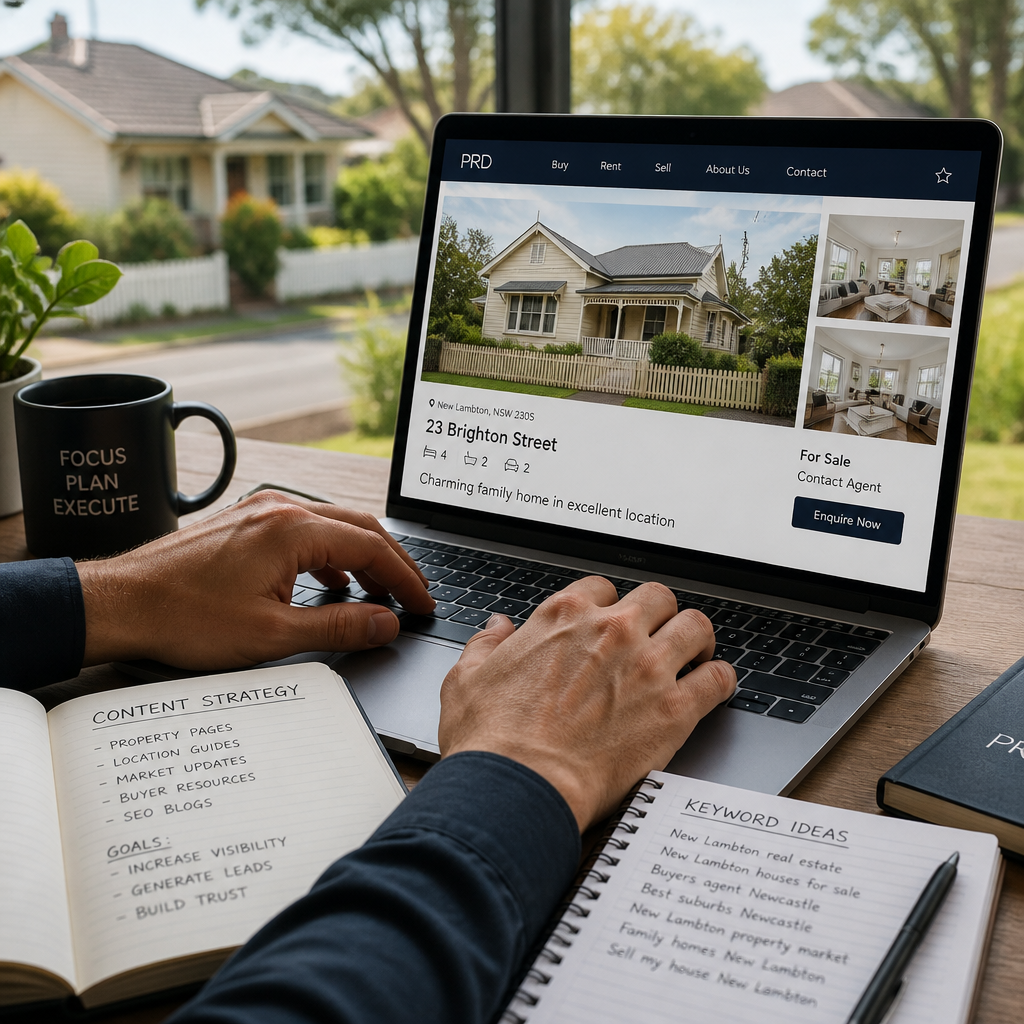 Hands typing on laptop with real estate listing and strategy notes visible on desk