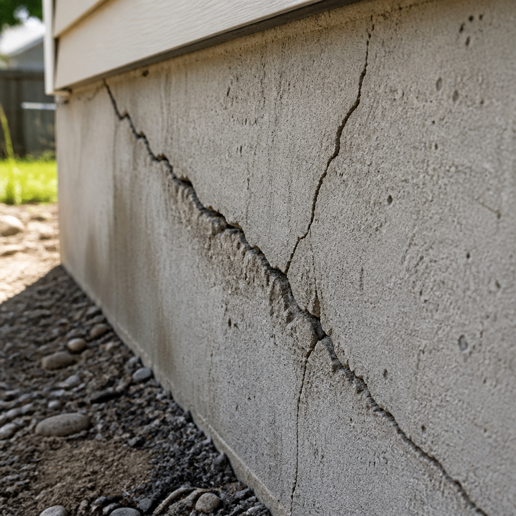 Fissures de fondation en béton montrant le tassement différentiel