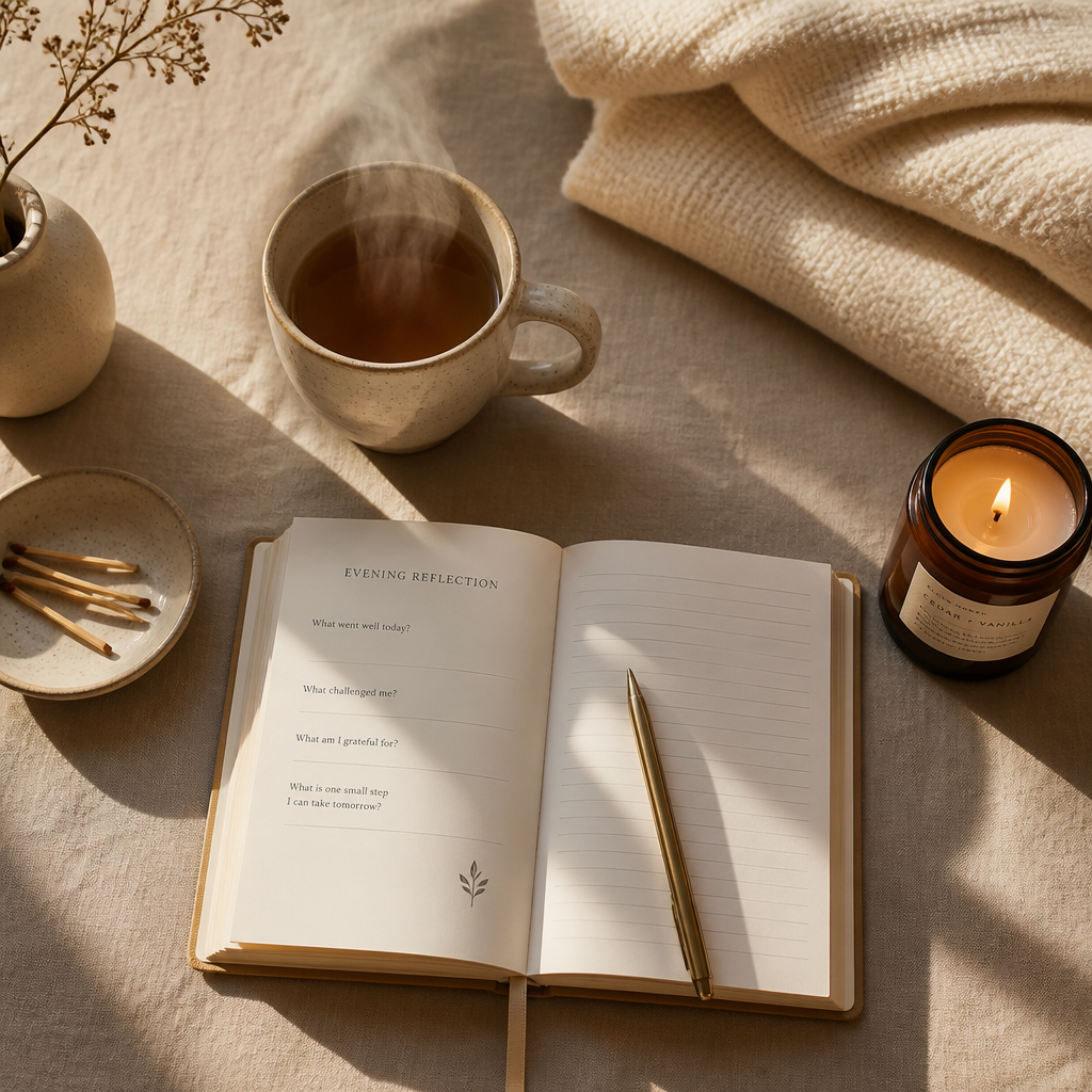 Overhead view of simple wellness items including tea, journal, blanket, and candle on a neutral surface