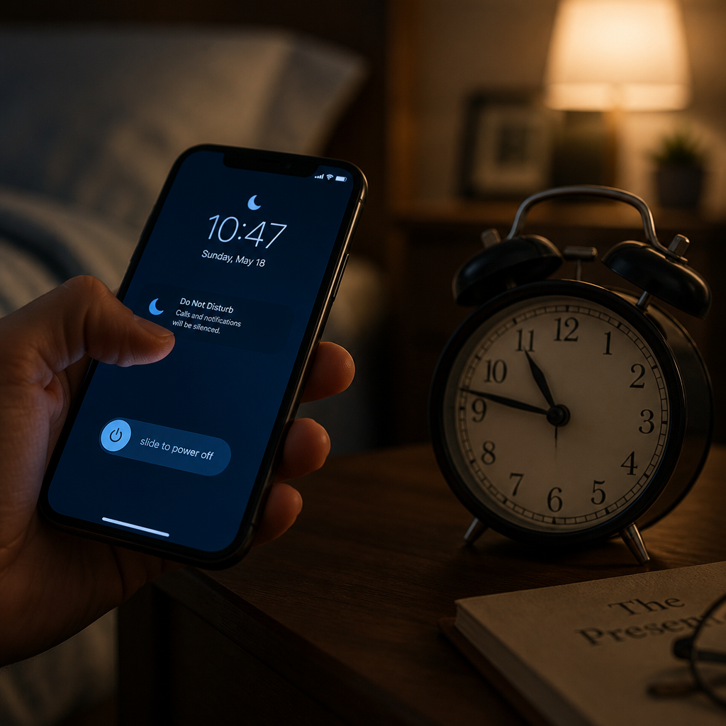 Close-up of a hand holding a phone above a nightstand with a clock, showing digital device transition