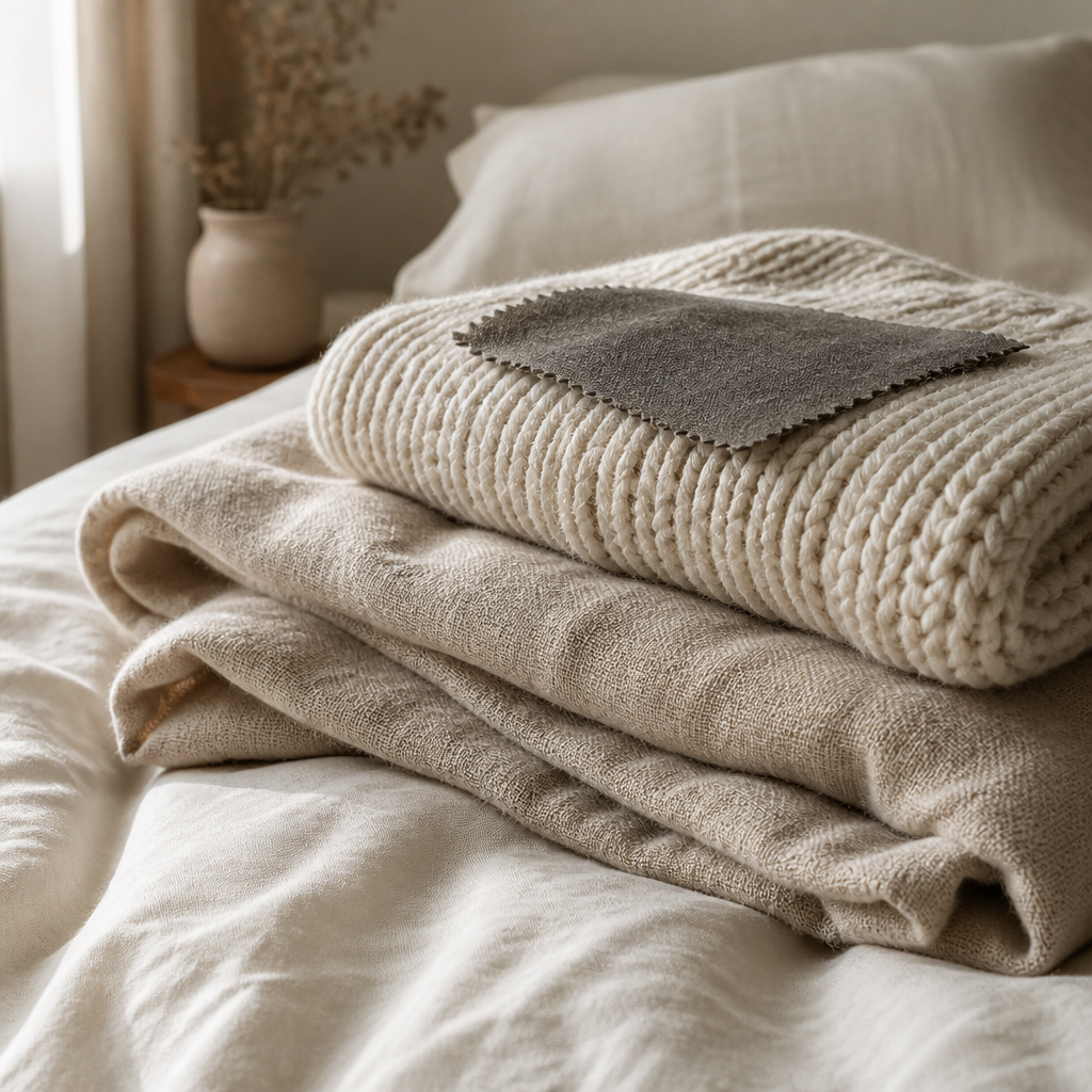Layered bedding and clothing materials arranged to show comfort and texture