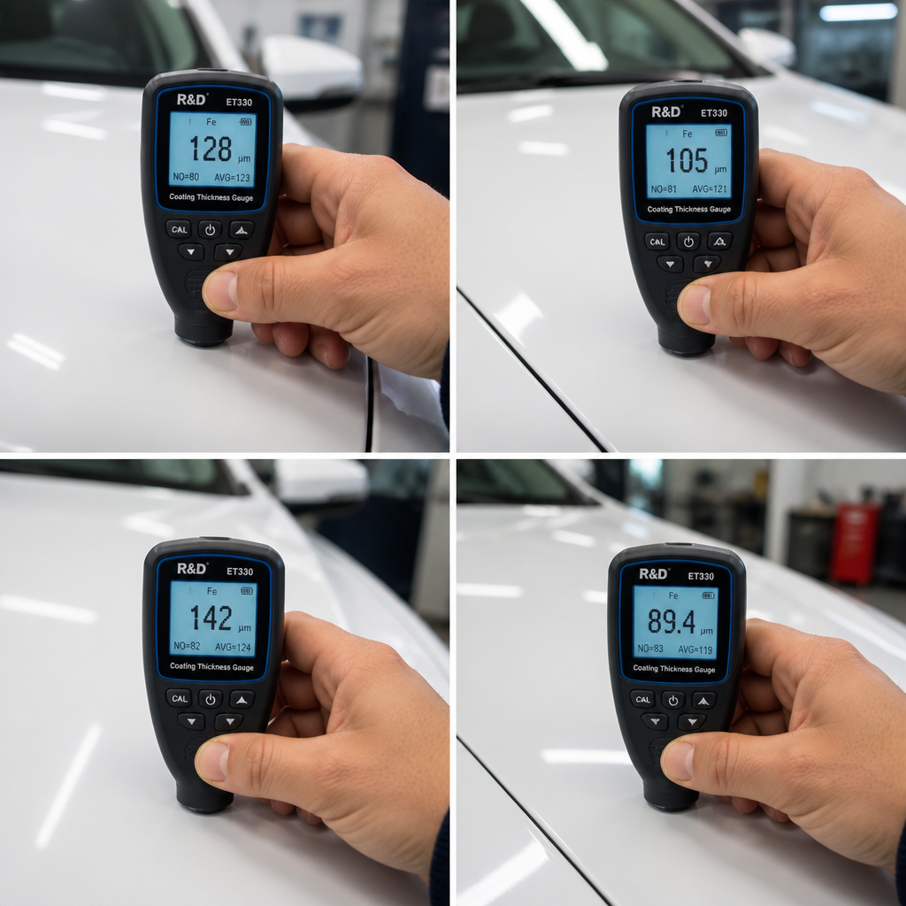 Paint thickness gauge measuring readings on white car hood surface