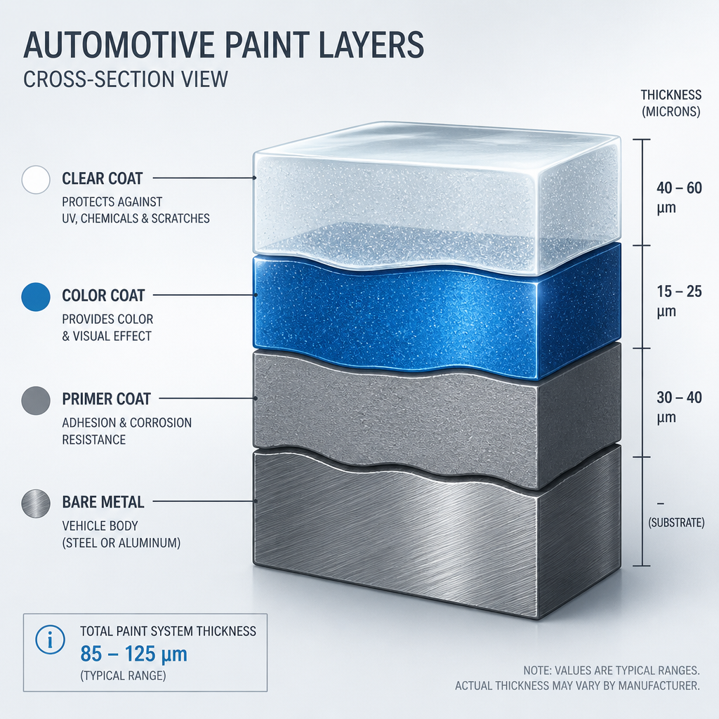 Cross-section illustration of automotive paint layers with micron measurements