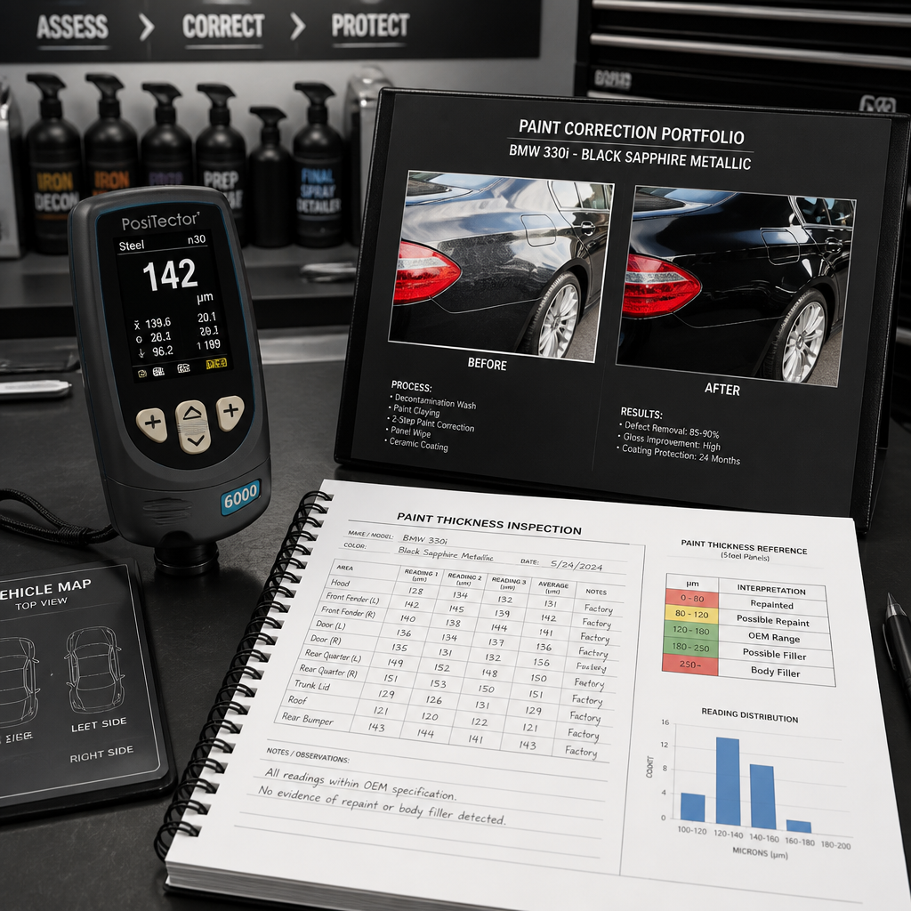 Professional detailing workspace with paint gauge, inspection notes, and technical documentation