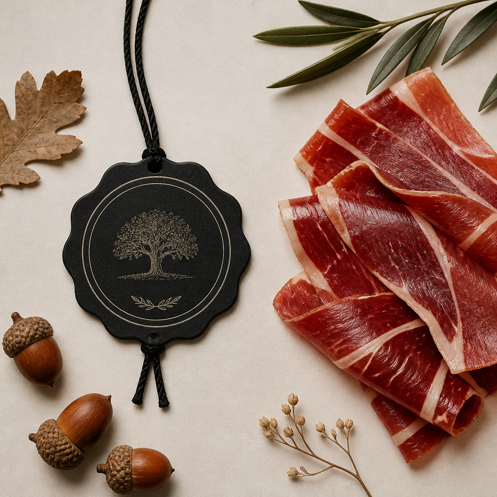 Elementos de certificación y autenticidad del jamón de bellota con símbolos de calidad