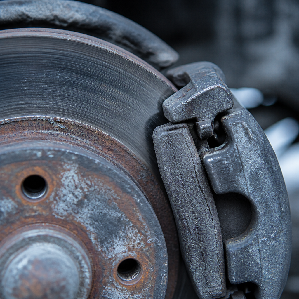 Worn brake disc and pad showing rust and corrosion damage