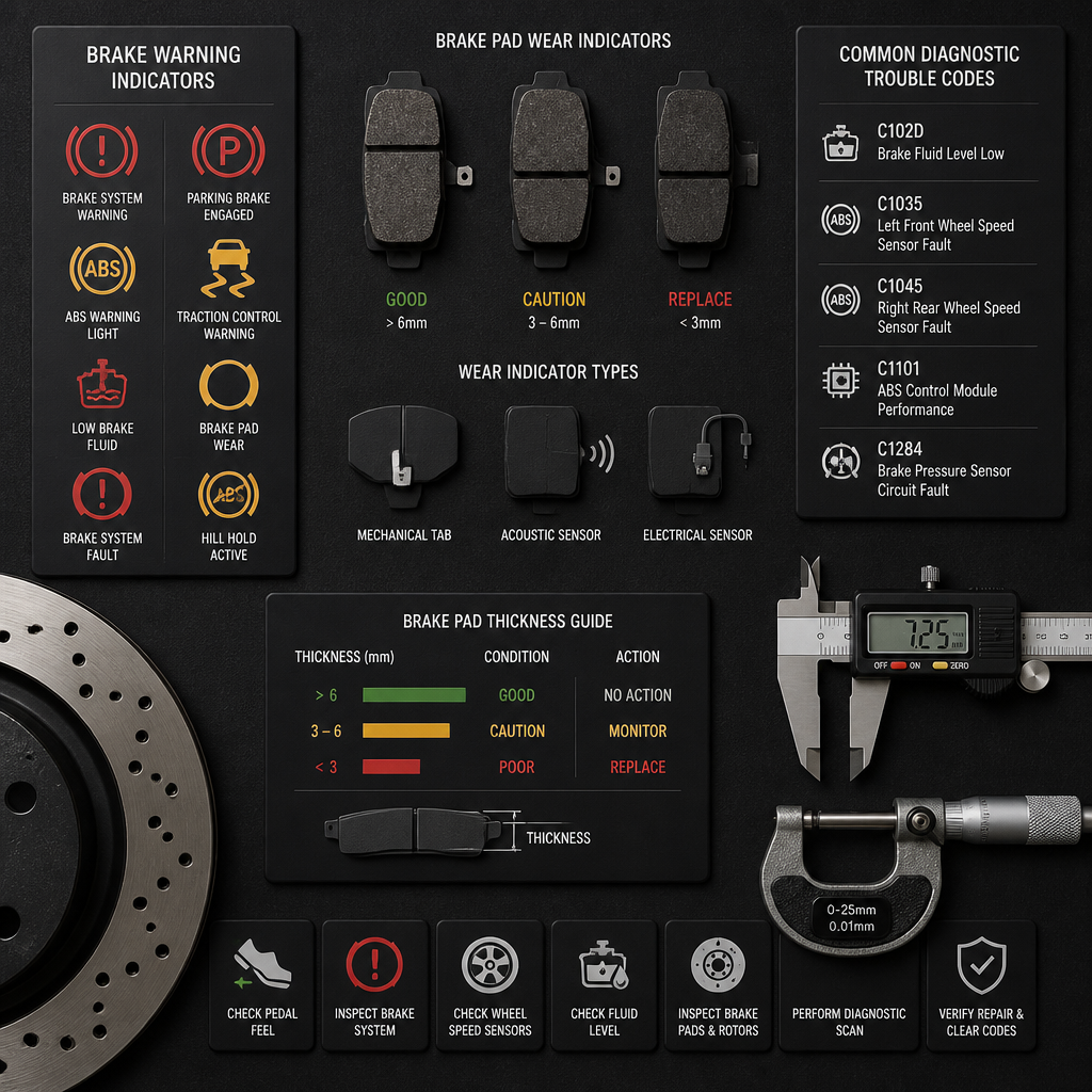 Brake warning signs and diagnostic symbols arranged in flat-lay style