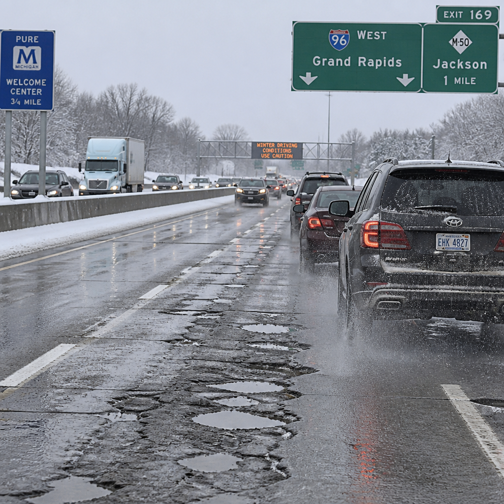Winter highway in Michigan with heavy traffic and salt-damaged road conditions