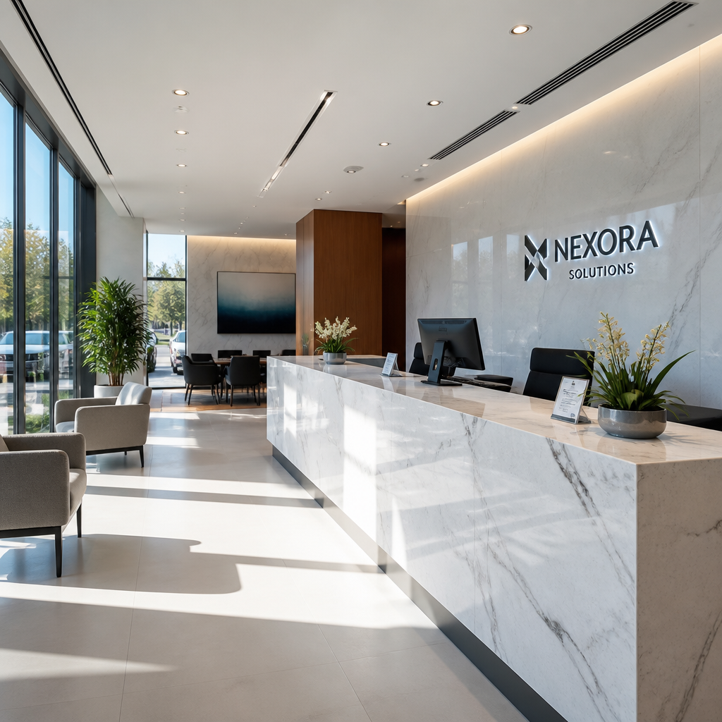 Office Cleaning Checklist: What Every Visit Should Cover Clean, modern office reception area with polished surfaces and organized desk maintained in Melbourne CBD by vibrant property services by providing commercial office clenaing service