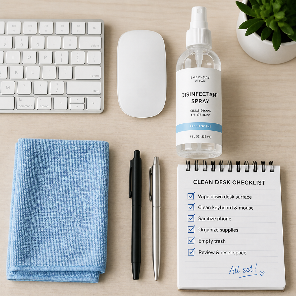 Office Cleaning Checklist: What Every Visit Should Cover Organized office desk with cleaning supplies and checklist notebook in Frankston - office cleaning provided by vibrant property services