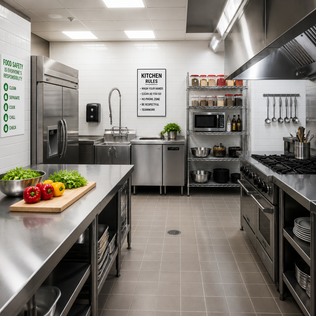 Office Cleaning Checklist: What Every Visit Should Cover Pristine office kitchen and break room with gleaming appliances and clean surfaces maintained by vibrant property services office cleaning team in Rosebud
