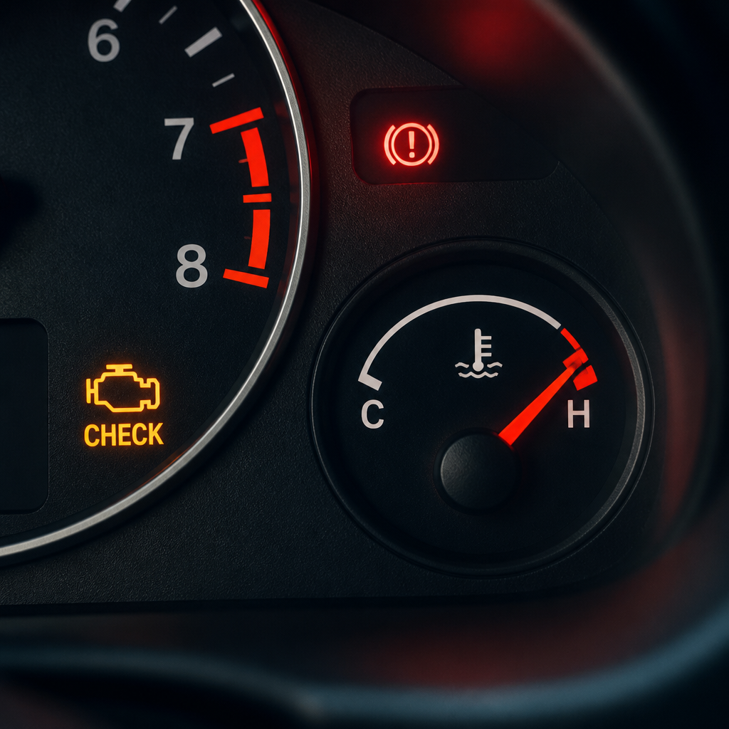 Car dashboard with illuminated warning lights indicating maintenance needed