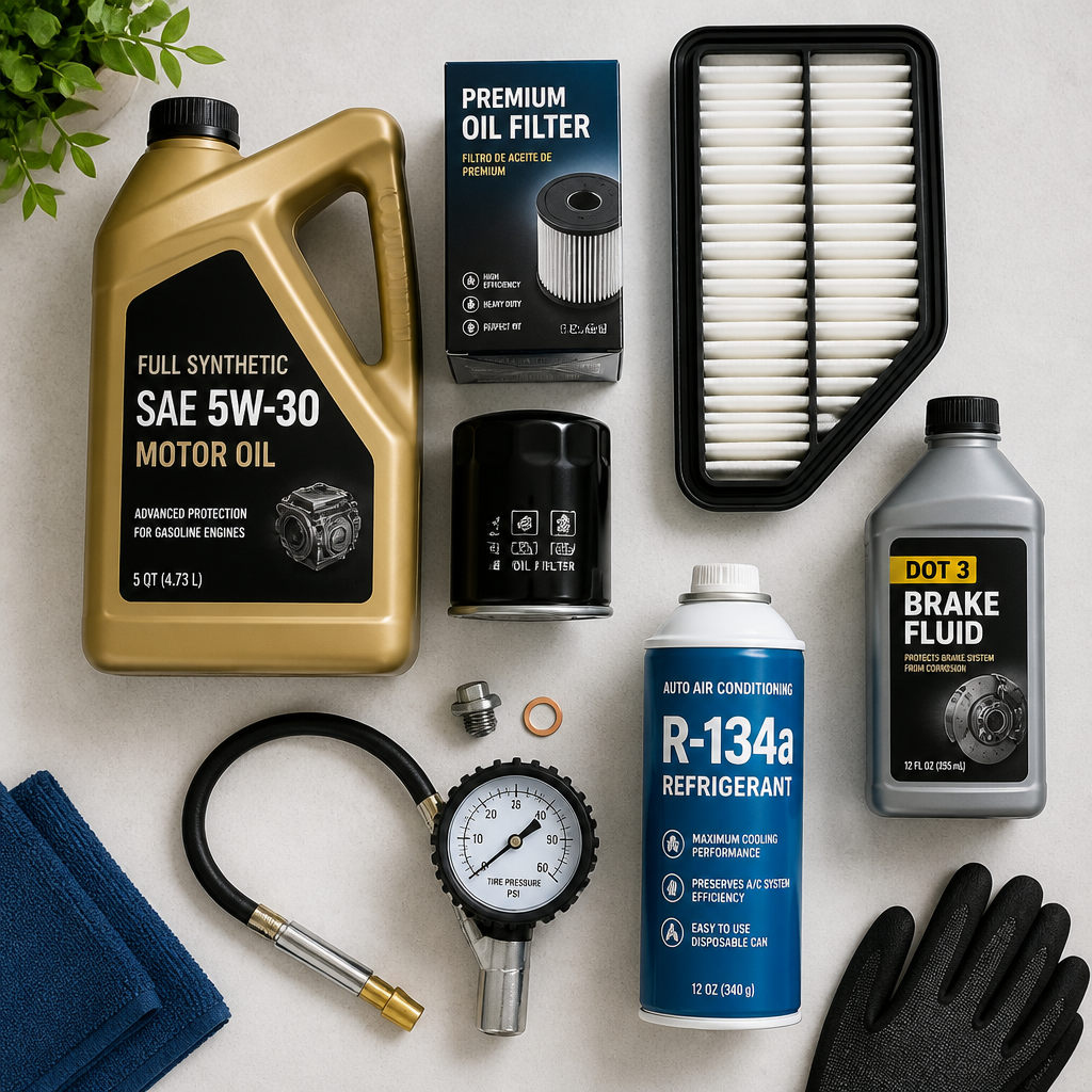 Assorted car maintenance supplies and fluids arranged for summer vehicle servicing