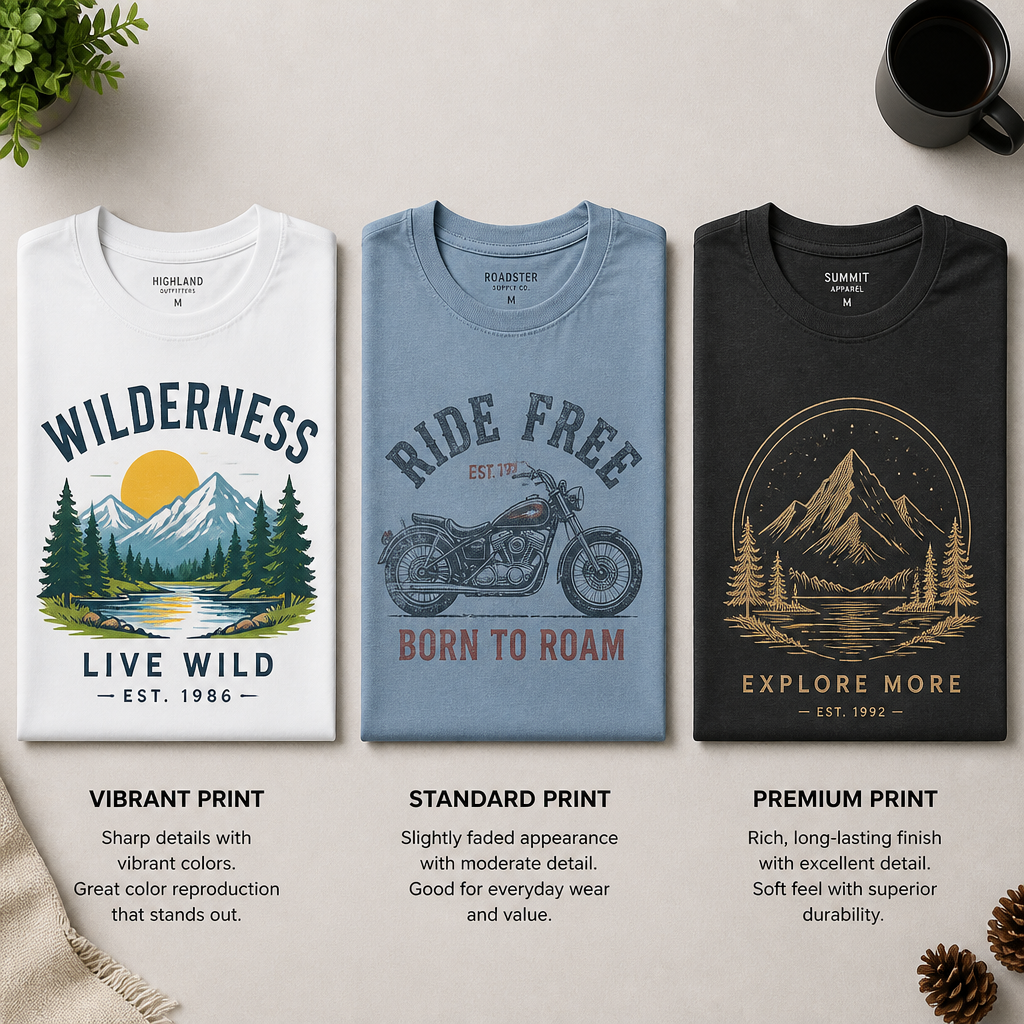 Three custom printed t-shirts arranged showing different print quality levels and finishes