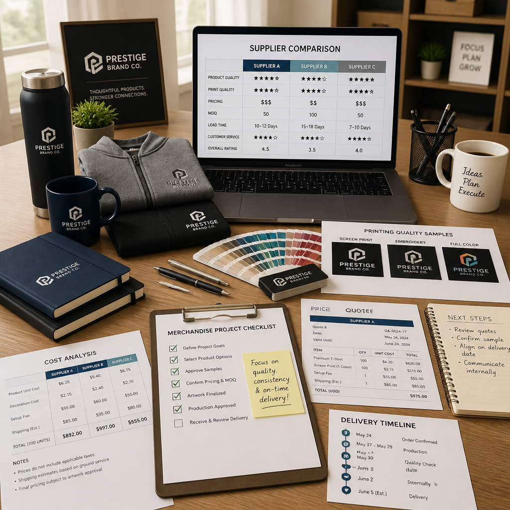 Workspace showing custom printing comparison materials including cost analysis and quality samples
