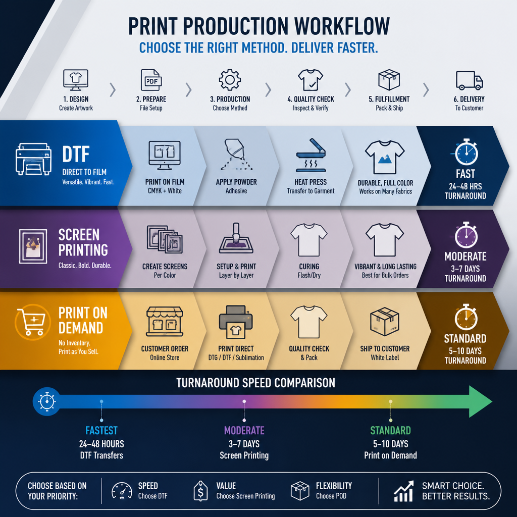 Abstract diagram illustrating different custom printing methods and turnaround timeline comparison