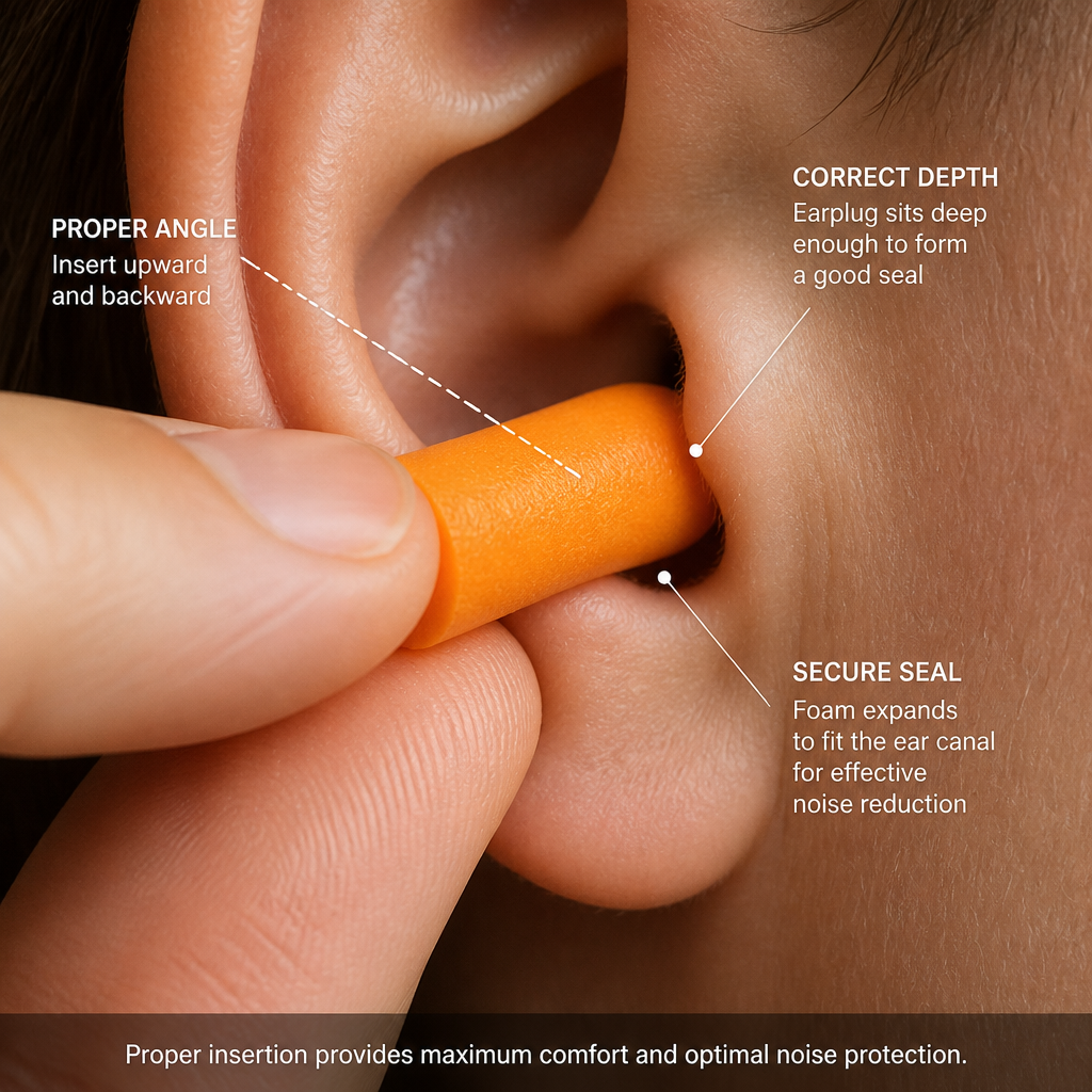 Close-up of ear plug being properly inserted into ear canal showing correct seal formation