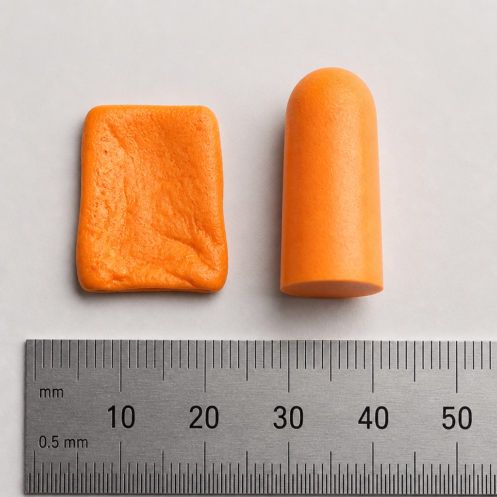 Comparison of worn flattened ear plug next to new ear plug showing deterioration