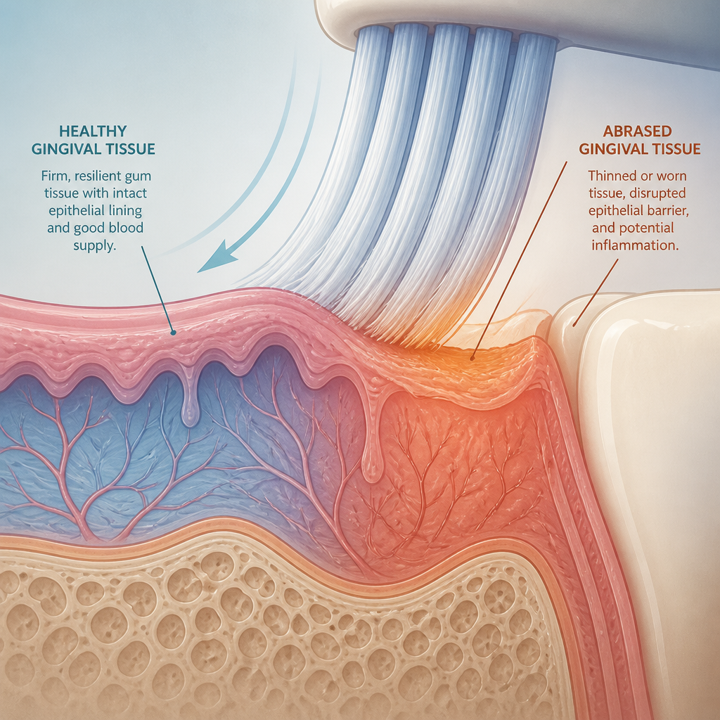 Medical illustration of gum tissue showing the impact of toothbrush bristle contact