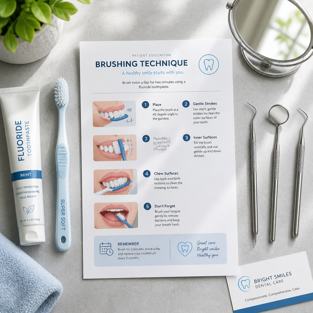 Dental professional workspace with super soft toothbrush and educational materials