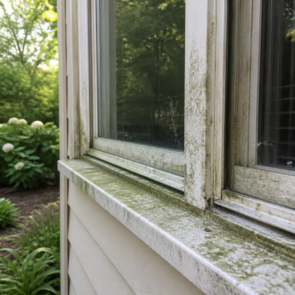 Exterior window frame displaying algae, mold stains, and oxidation damage