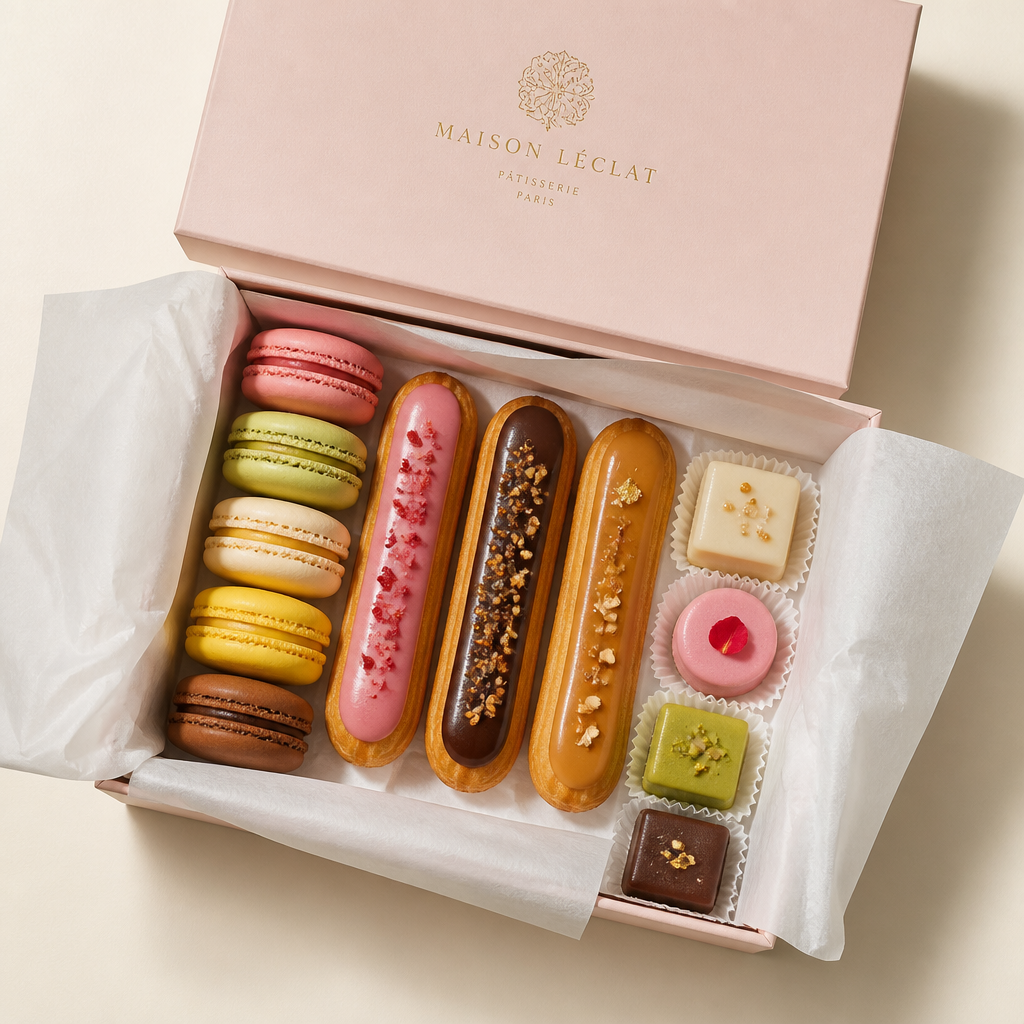Open pastry gift box with assorted French pastries and macarons arranged on white tissue paper