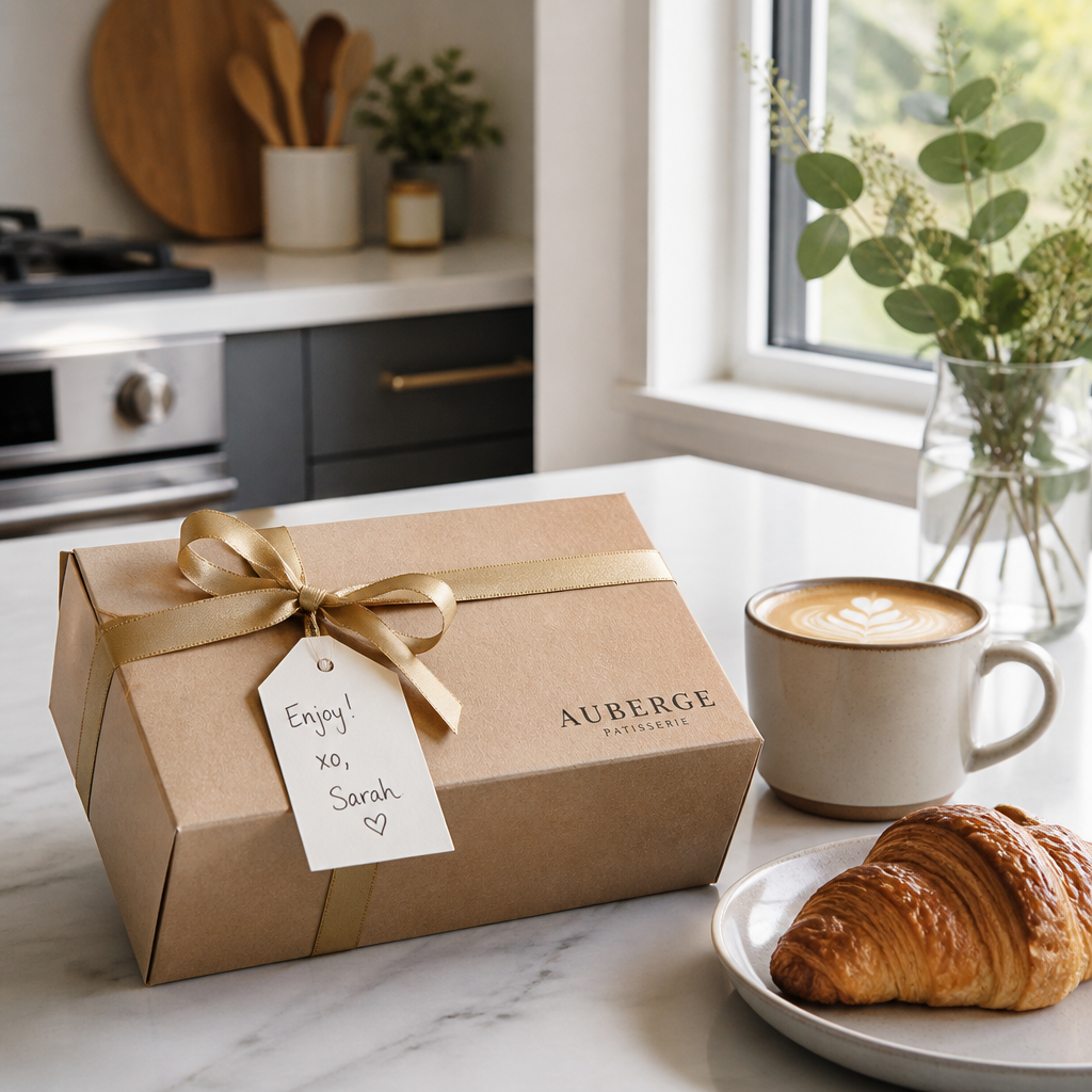 Wrapped pastry gift box with gold ribbon and gift tag displayed on kitchen counter with coffee