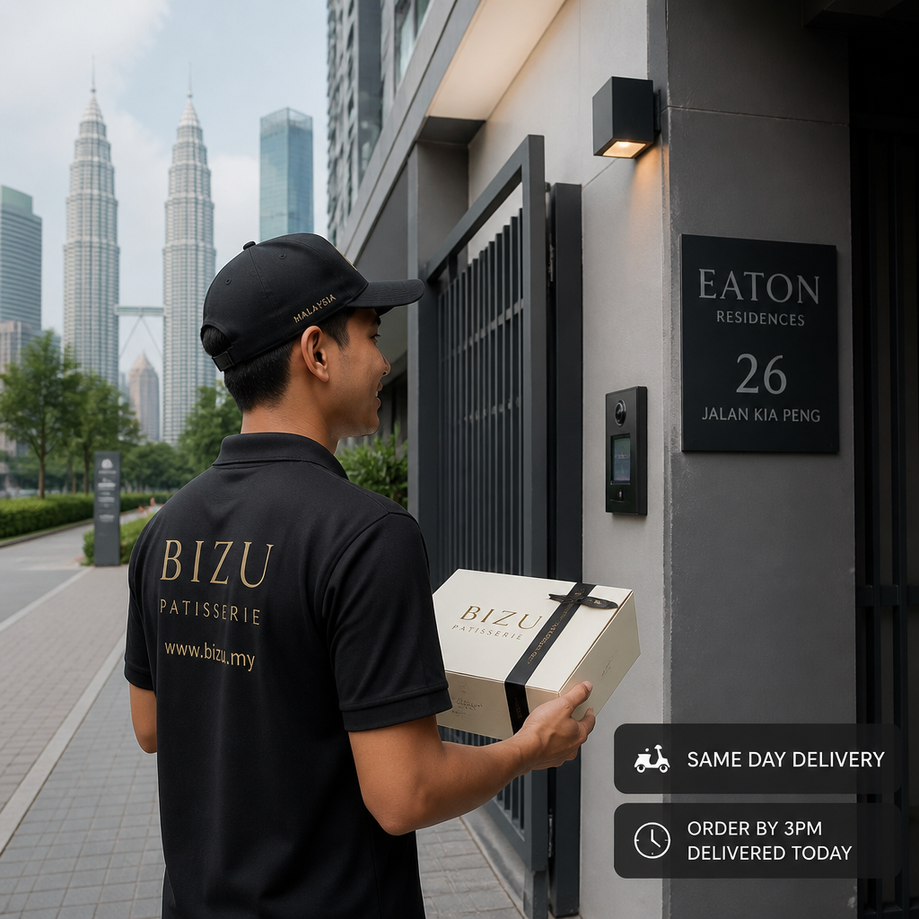 Delivery courier arriving with pastry gift box at residential building entrance in KL