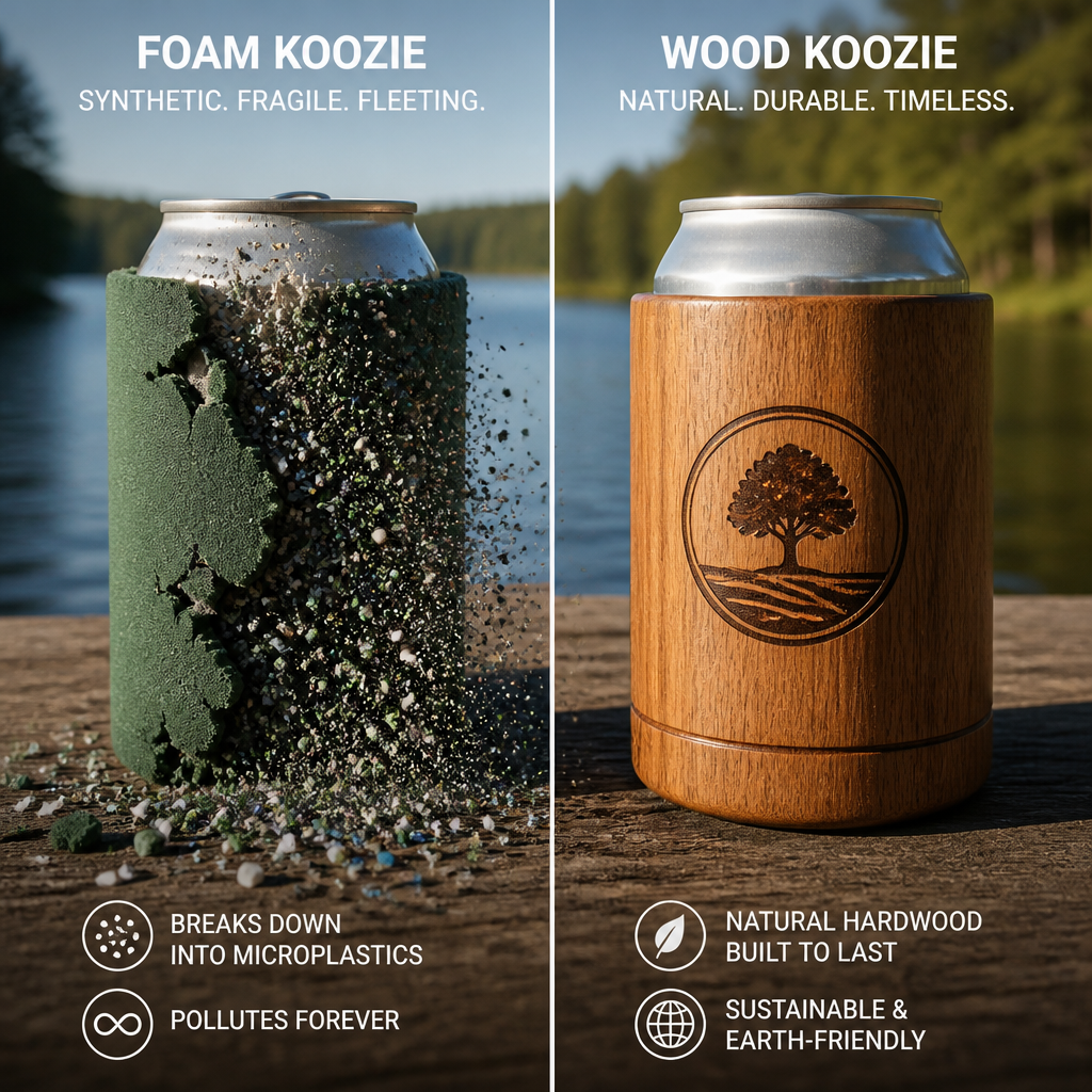 Split-screen comparison of foam koozie deteriorating versus biodegradable wooden koozie remaining intact
