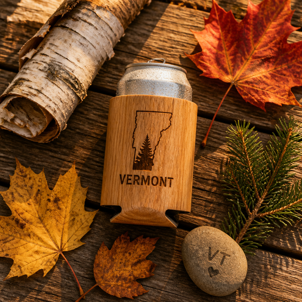 Flat-lay arrangement of wooden koozie with natural materials and beverage on picnic table